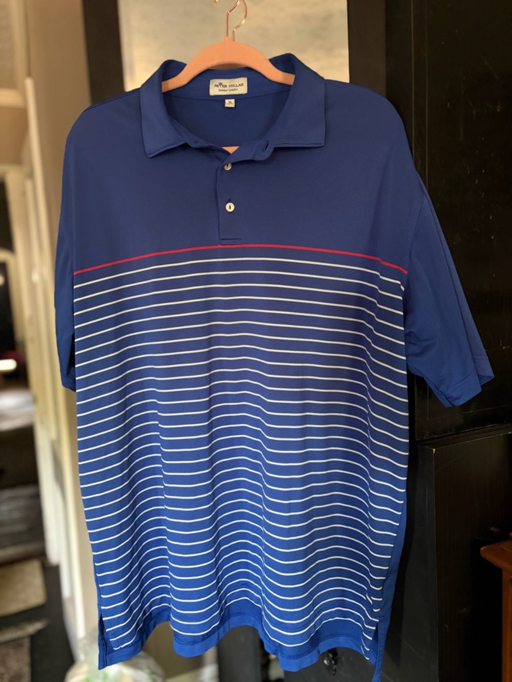 Peter Millar Royal Blue Polo with White Stripes and Red Accent